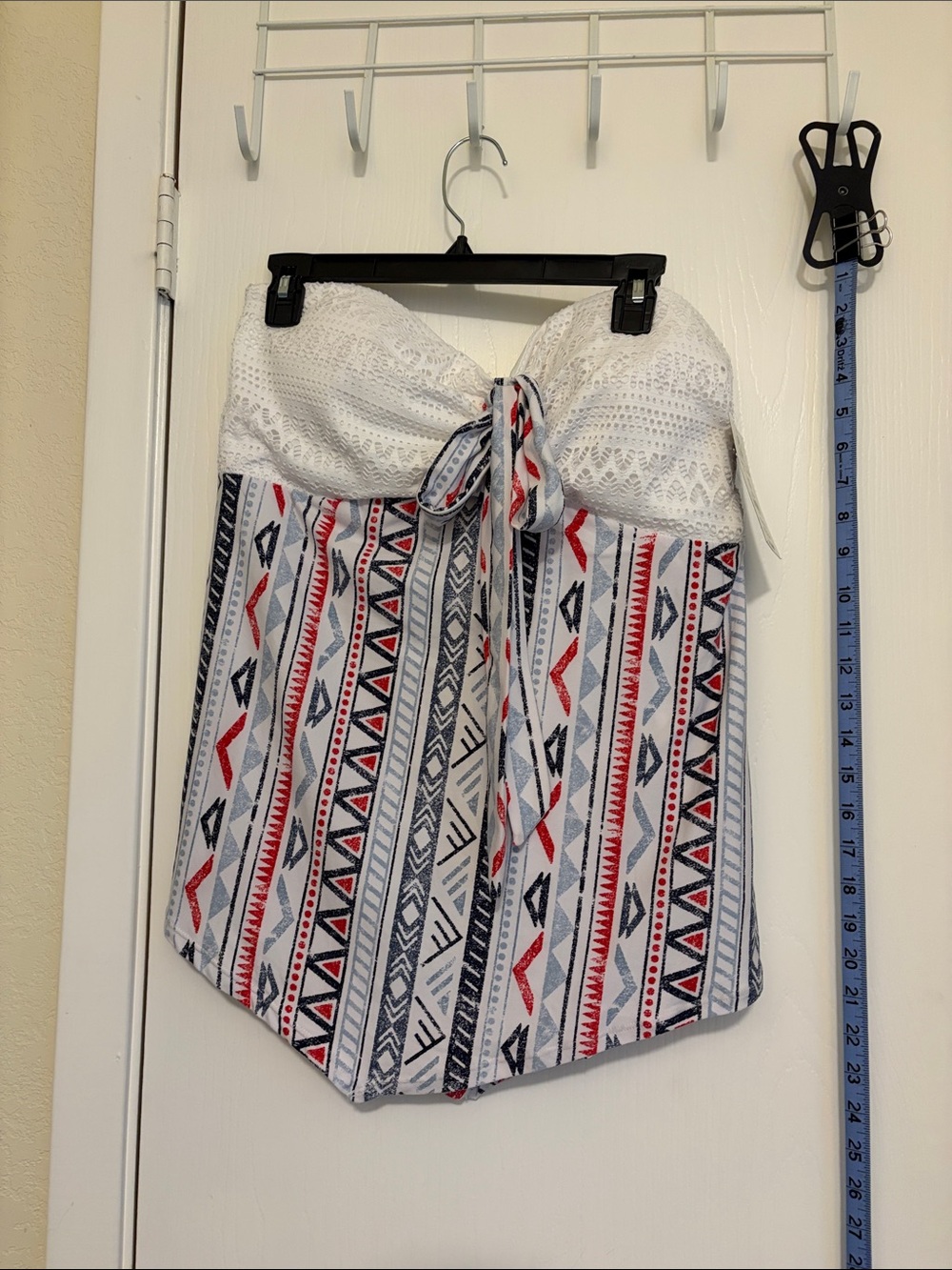 No Boundaries White Strapless Crochet Bust Aztec Print Crop Top - Red & Navy